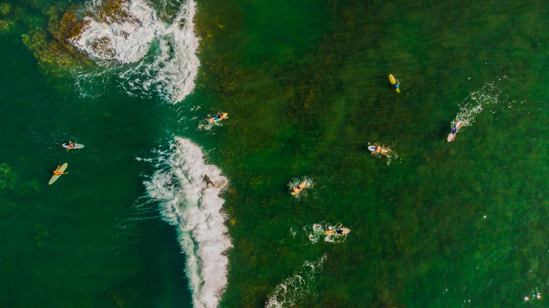 Surfers at the point break in Tamarindo